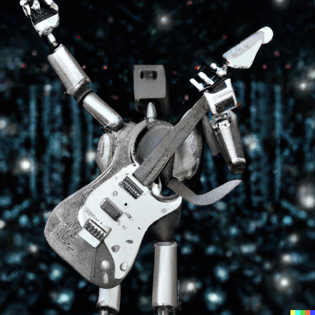 Robot playing guitar created via text by DALL-E