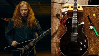 Dave Mustaine holding his signature Gibson Flying V (left), a look at his signature Les Paul