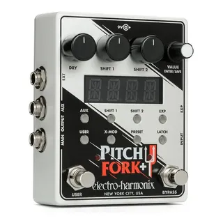 Electro-Harmonix Pitch Fork+ pitch-shifter shot at 3/4 angle on white background