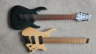 Harley Benton and Strandberg 8-string guitars on a beige carpet