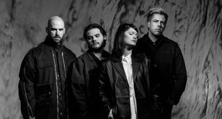 A black-and-white portrait of Spritbox [L-R]: Josh Gilbert, Zev Rose, Courtney LaPlante and Mike Stringer