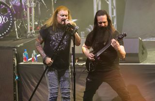 James LaBrie (left) and John Petrucci perform onstage at Stockholm Waterfront in Stockholm, Sweden on November 8, 2024