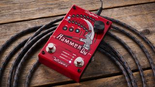 A Digitech HammerOn pitch shifter pedal on a wooden floor