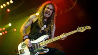 Steve Harris performs onstage with Iron Maiden at The Forum in Inglewood, California on February 19, 2008