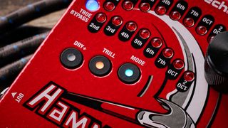 Close up of the buttons on the Digitech HammerOn pitch shifter pedal