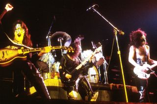 Kiss perform onstage at the Civic Auditorium in Long Beach, California on May 31, 1974