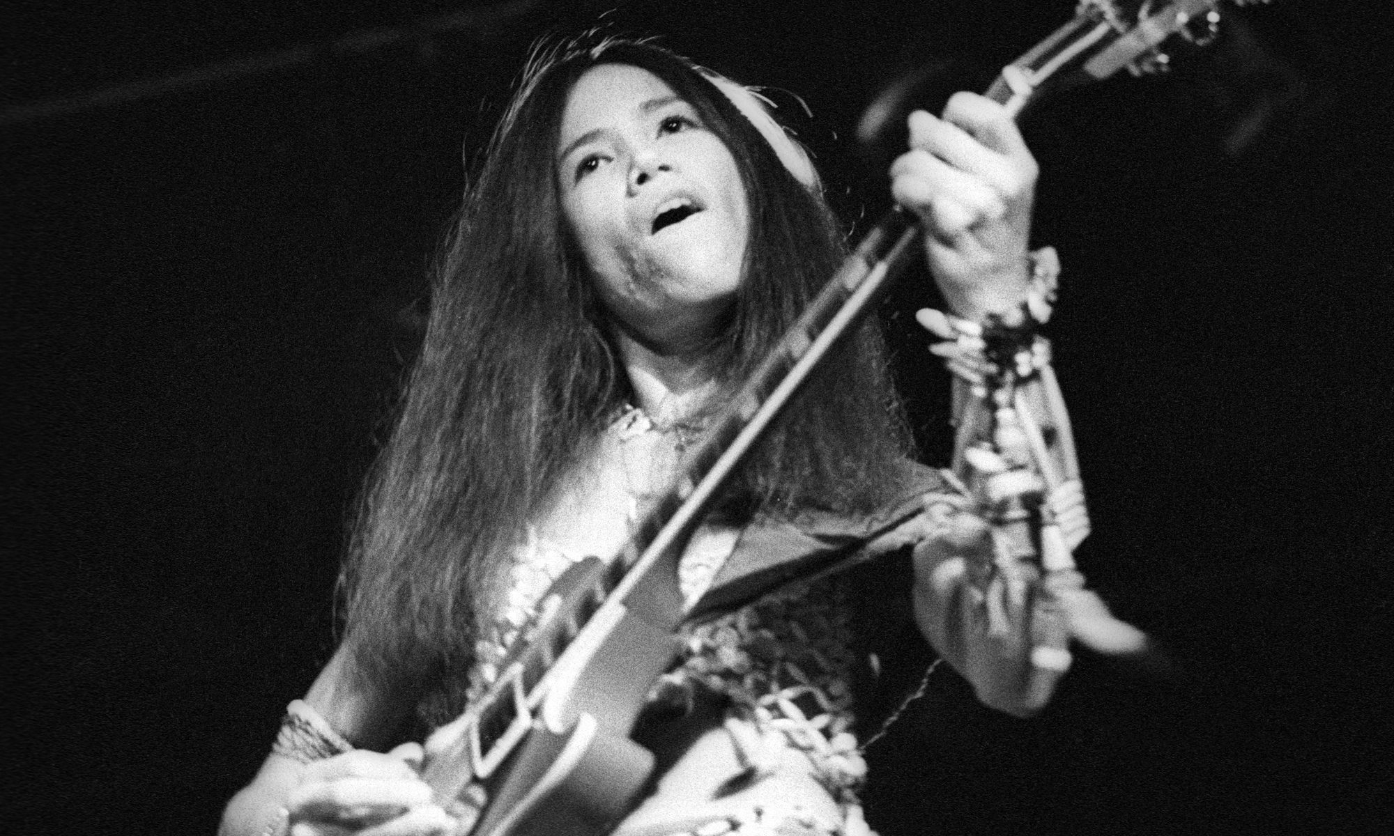 June Millington performs onstage with Fanny at City Hall in Newcastle upon Tyne, England on May 30, 1973