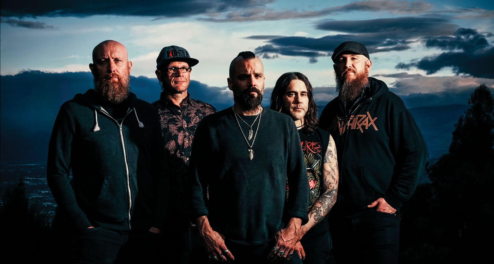 Killswitch Engage 2025: [from left] Justin Foley, Adam Dutkiewicz, Jesse Leach, Mike D&rsquo;Antonio and Joel Stroetzel