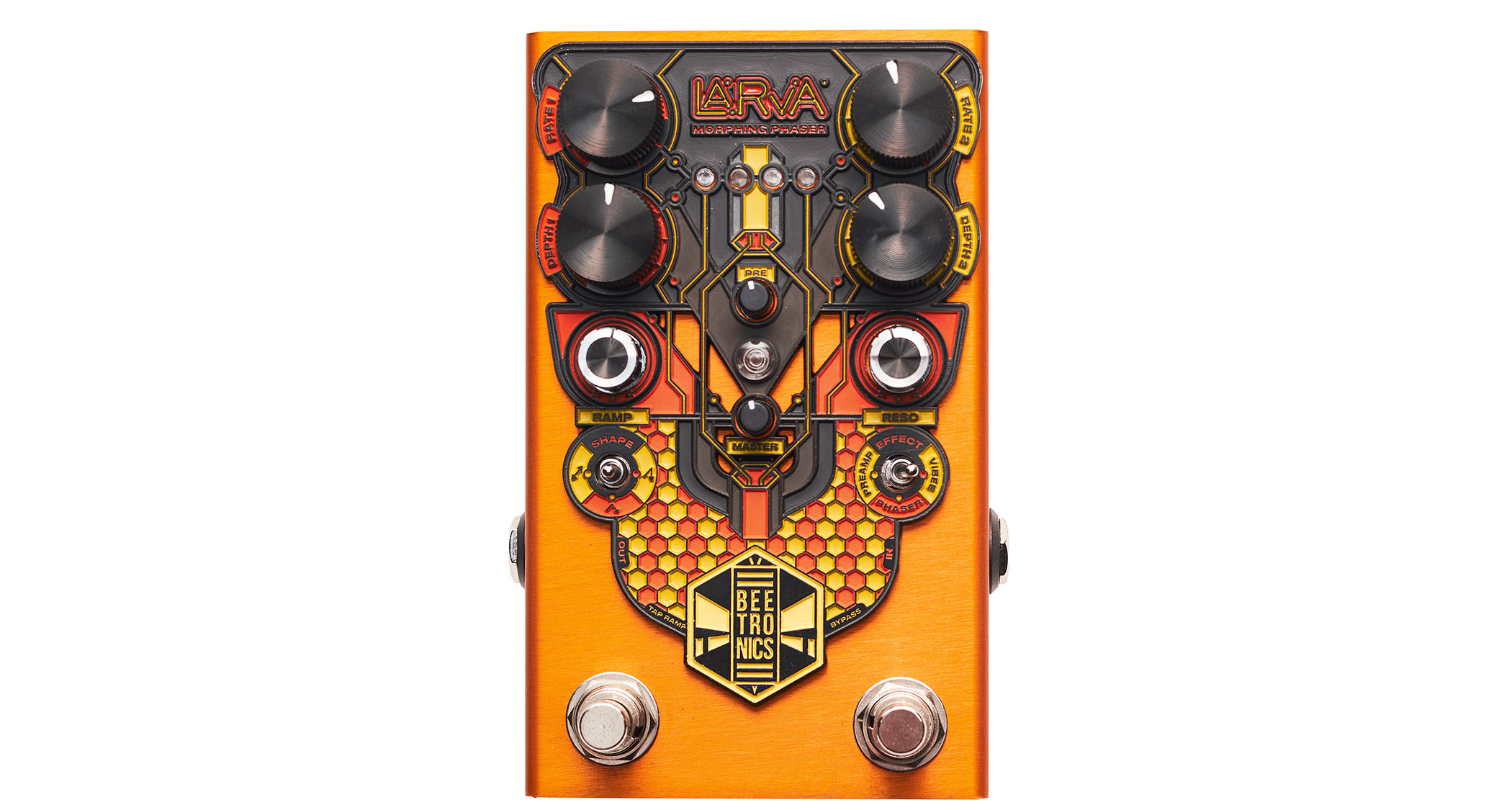 Beetronics LARVA Morphing Phaser: it's an orange phaser pedal, but not like any you have seen before as Beetronics decorates this feature-packed stompbox in its honeycomb, bee-inspired style.