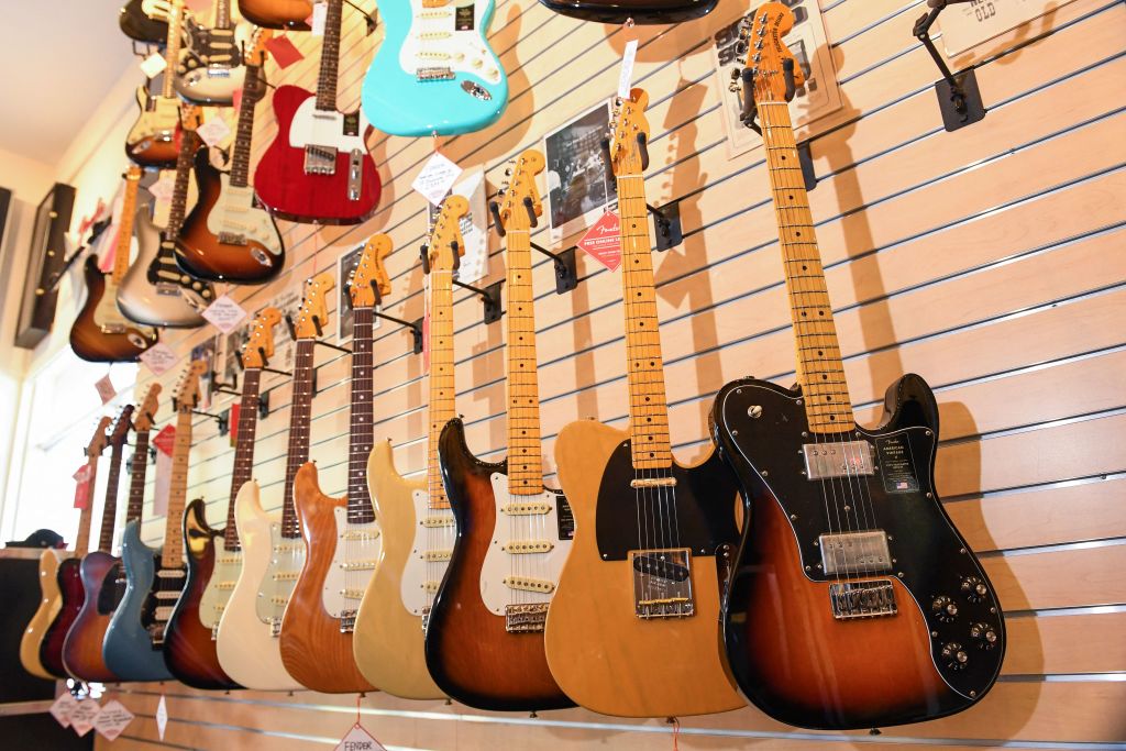Some of the guitars from Fender's newly released American Vintage II series are displayed at Truetone Music Store in Santa Monica, California, on October 18, 2022