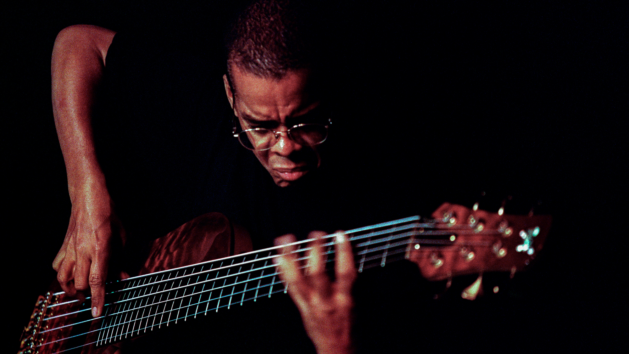 Jazz bassist Anthony Jackson plays a six-string bass at North Sea Jazz festival, The Hague, Netherlands, 10th July 1998.