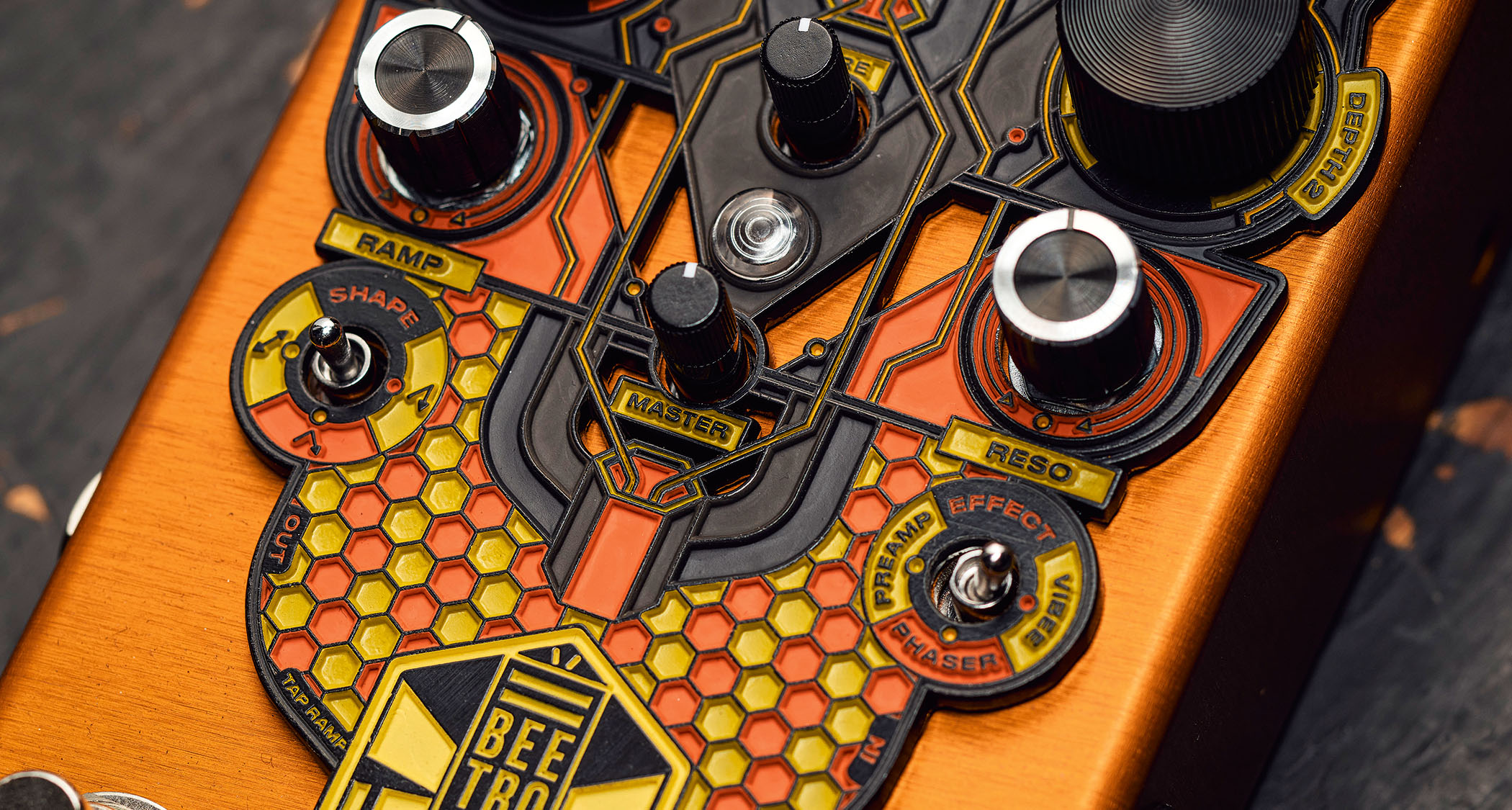 Beetronics LARVA Morphing Phaser: it's an orange phaser pedal, but not like any you have seen before as Beetronics decorates this feature-packed stompbox in its honeycomb, bee-inspired style.
