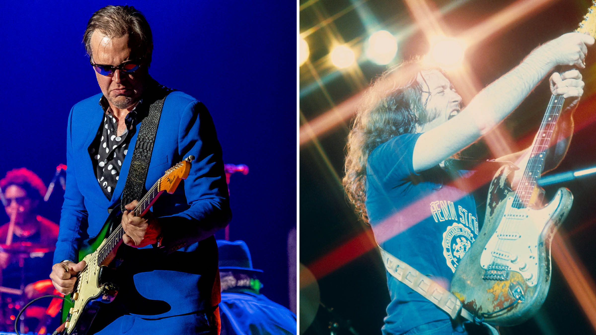 Joe Bonamassa [left] wears a deep blue suit and polka-dotted shirt and plays his green refin Strat; the late Irish blues legend Rory Gallagher [right] screams and inflicts some punishment on his heavily worn number one Stratocaster.