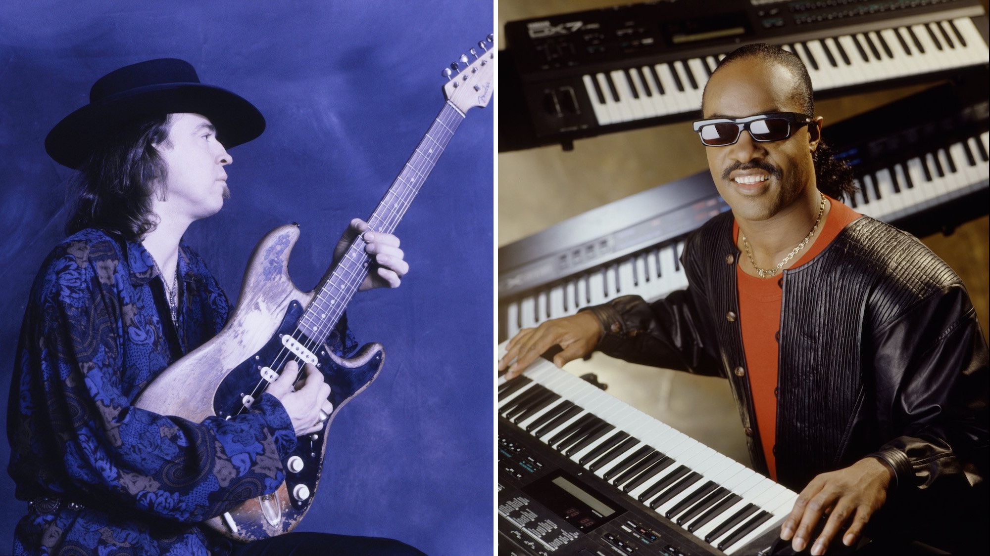 Stevie Ray Vaughan plays his #1 Stratocaster (left), Stevie Wonder sits at a keyboard